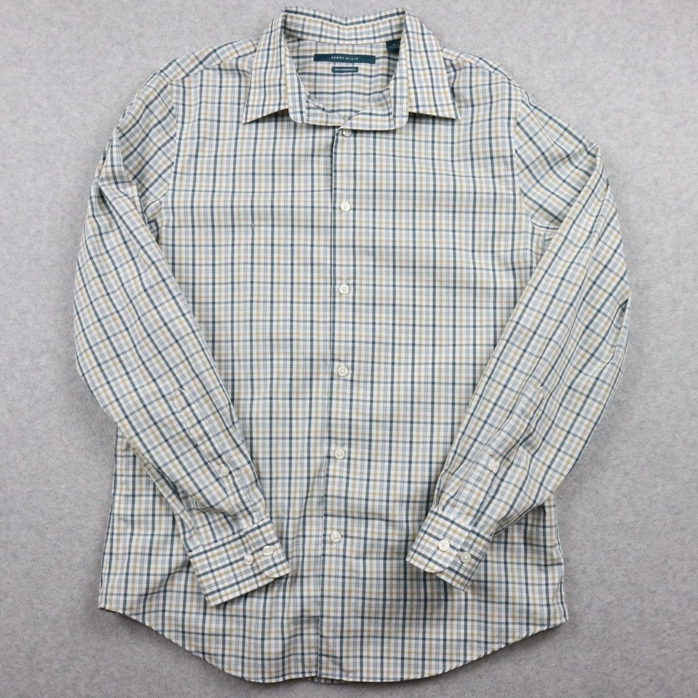 Perry Ellis Shirt Mens Medium Non Iron Stretch Button Up Green Plaid Long Sleeve